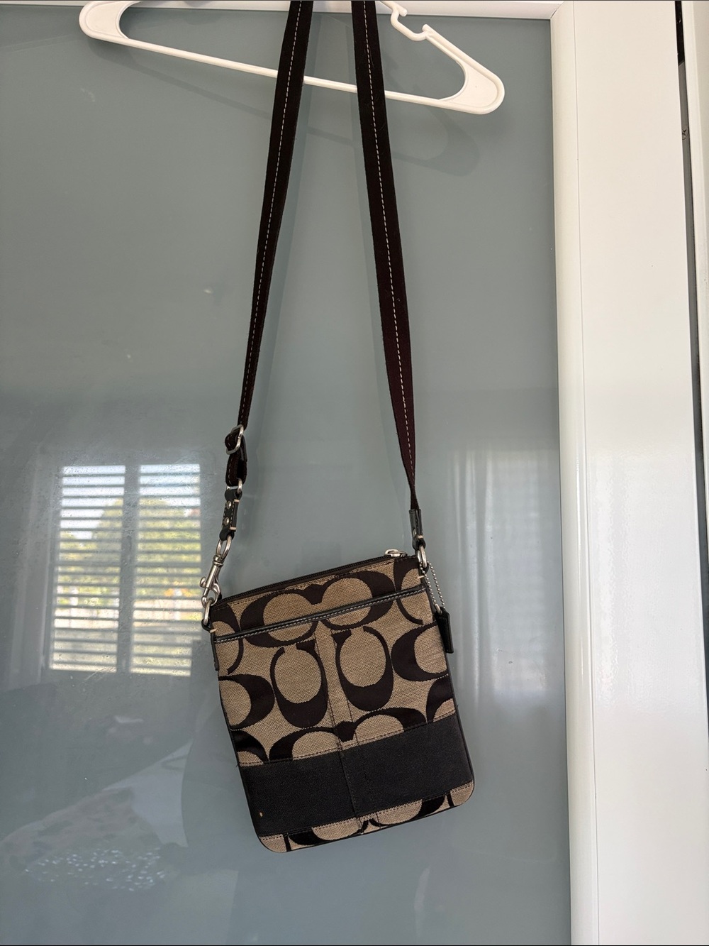 Coach Signature Canvas Crossbody in Khaki and Black Trim